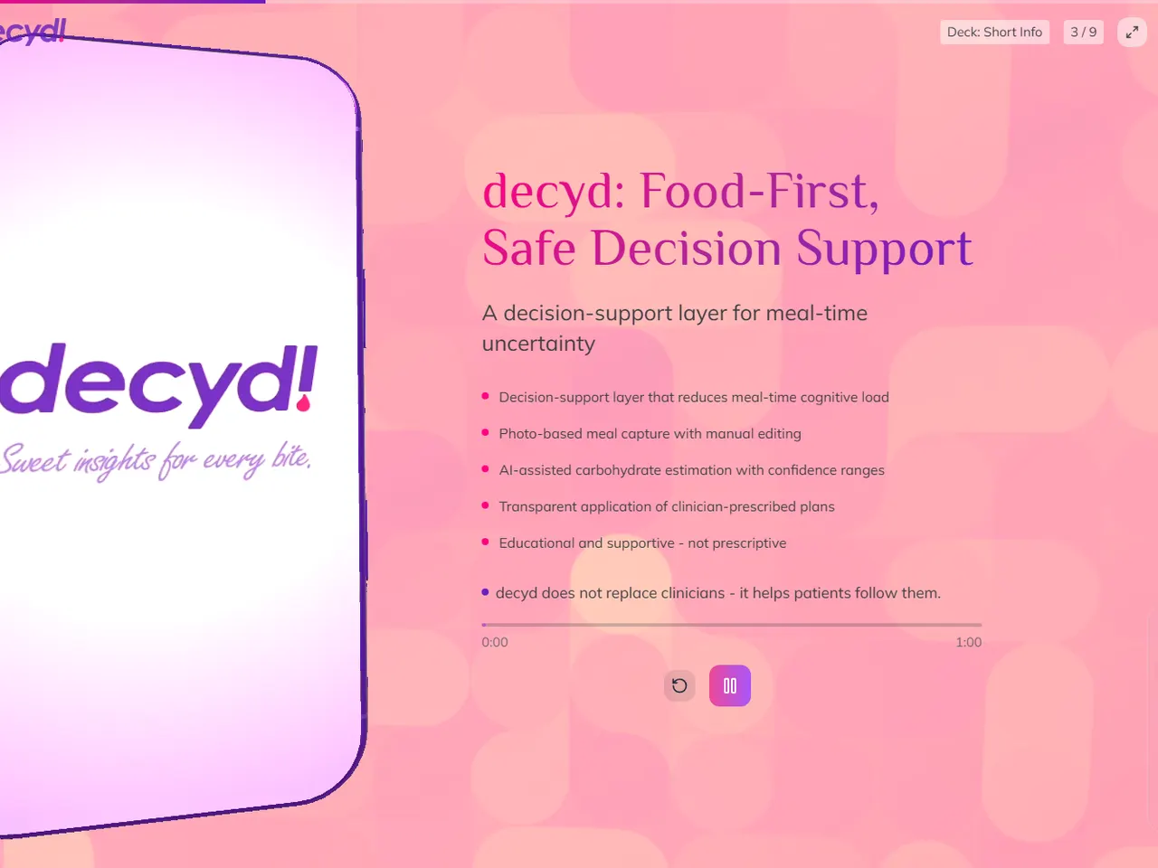 מצגת Decyd המציגה צילום ארוחות, עריכה ידנית והערכות פחמימות עם טווחי ביטחון.